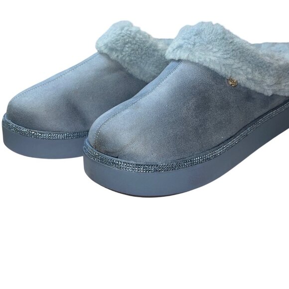 Womens Mist Blue Faux Fur-Lined Slip-On Slippers Joy Luxe 9W - Picture 2 of 5